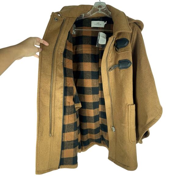 Coach Wool Blend Hooded Duffle Cape Coat Toggle Camel Brown Size M/L - Picture 12 of 14